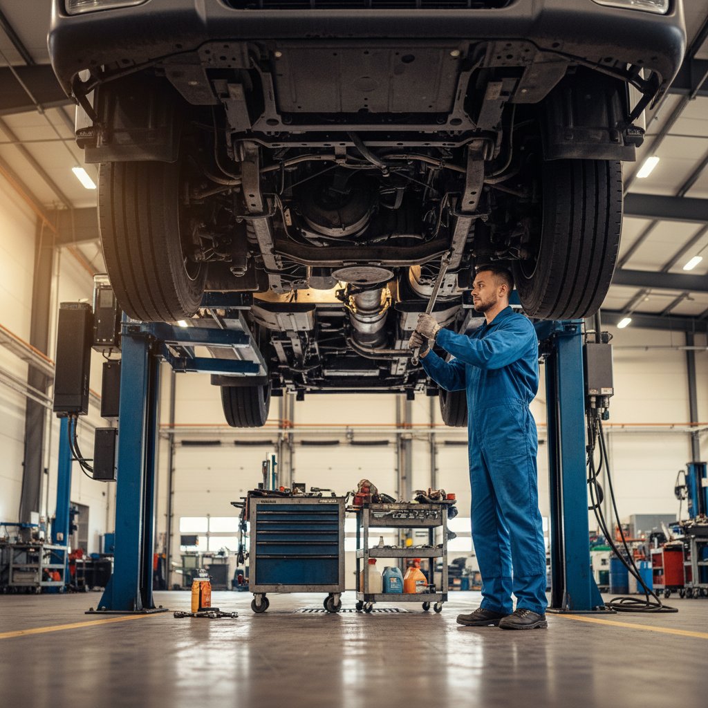 Professional heavy vehicle repair workshop with hydraulic lifts and diagnostic equipment at Puwidi London facility